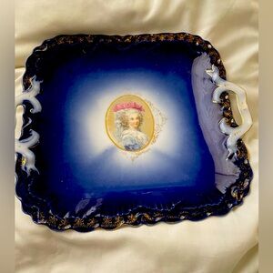 COBALT BLUE FLOW PORTRAIT PLATE.SQUARE HANDLE PLATTER. CAMEO MARIE ANTOINETTE